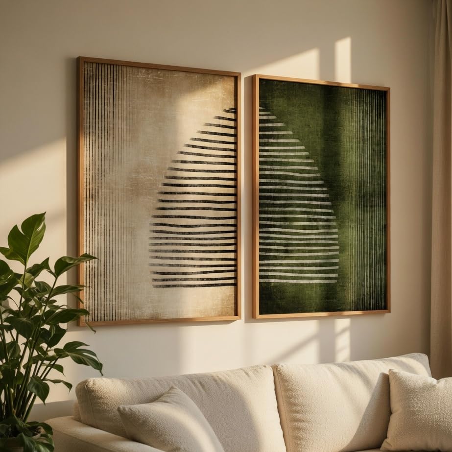 Modern Abstract Geometric Wall Painting Set of 2 with Wooden Frames | Minimalist Line Art HD Sparkle Laminated MDF Wall Decor | Contemporary Abstract Wall Art for Living Room Bedroom