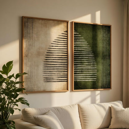 Modern Abstract Geometric Wall Painting Set of 2 with Wooden Frames | Minimalist Line Art HD Sparkle Laminated MDF Wall Decor | Contemporary Abstract Wall Art for Living Room Bedroom