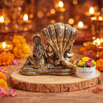 Brass Lakshmi Vishnu Idol God Goddess Statues Religious Deity Laxmi Vishnu Resting On Sheshnaag 4 Inches