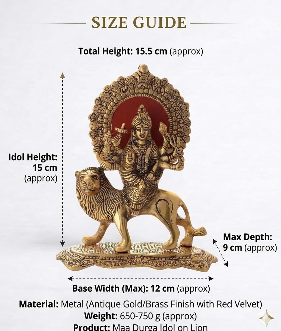 Handcrafted Brass Maa Durga Statue on Lion - Golden Finish Sherawali MATA Idol for Home Mandir, Navratri Pooja Decor & Gifting