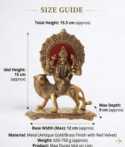 Handcrafted Brass Maa Durga Statue on Lion - Golden Finish Sherawali MATA Idol for Home Mandir, Navratri Pooja Decor & Gifting