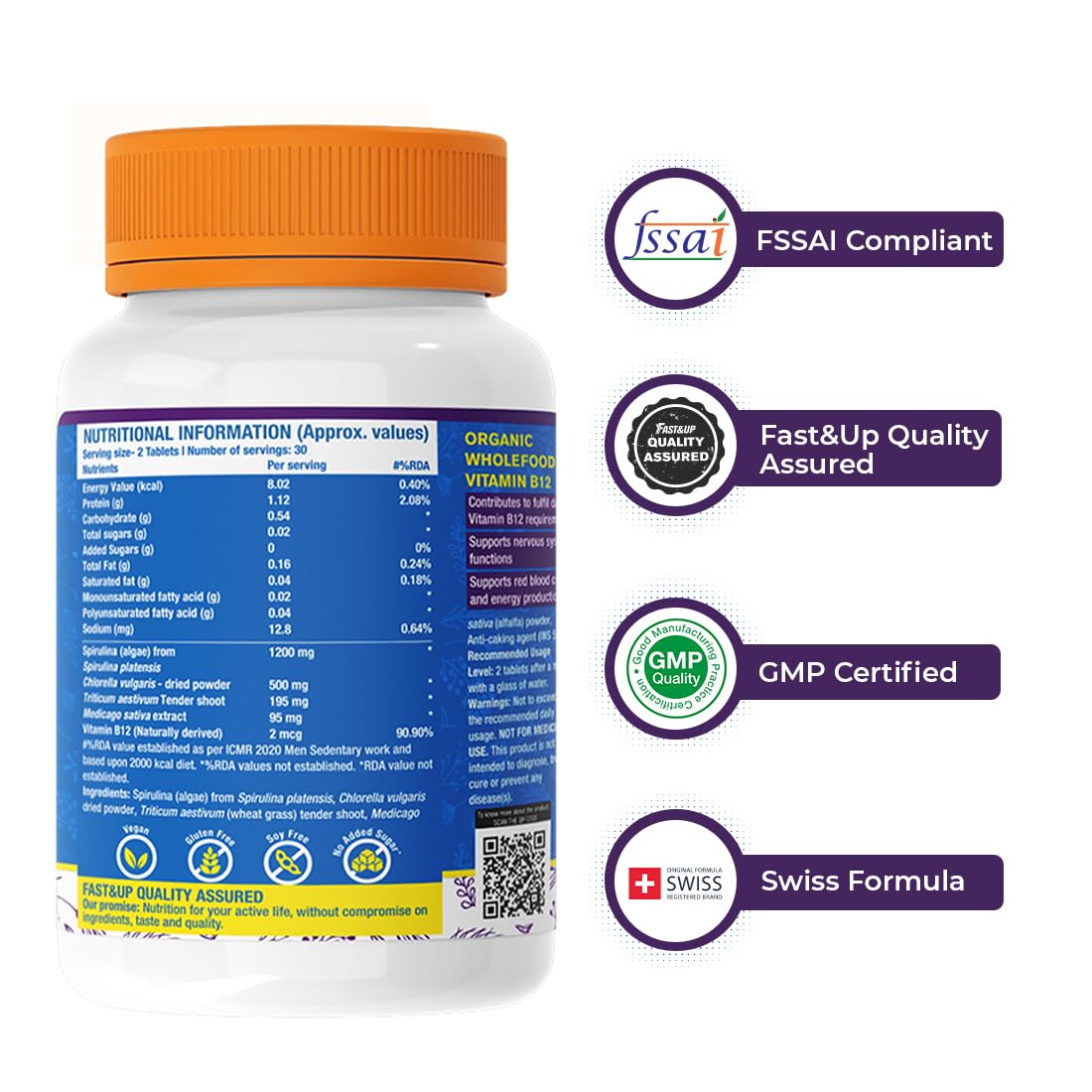 Supplement bottle with label showing FSSAI, GMP, and Swiss Formula certifications on a white background.