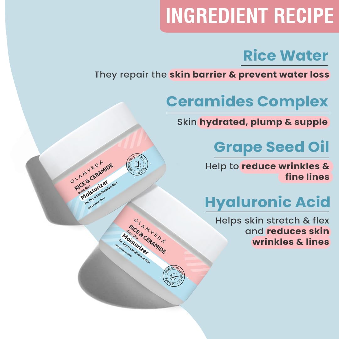 Glamveda Korean Rice & Ceramide Moisturizer Cream For Dry Skin | Face Moisturizer for Glowing Skin | Skin Barrier Building & Nourishing | Reduce Fine Lines Wrinkles & Age Spots | Women & Men | 50ml