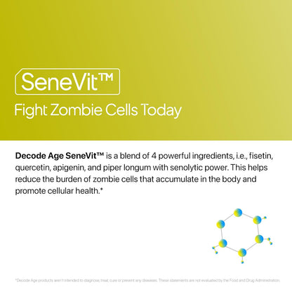 Advertisement for SeneVit with text about fighting zombie cells on a yellow and white background.