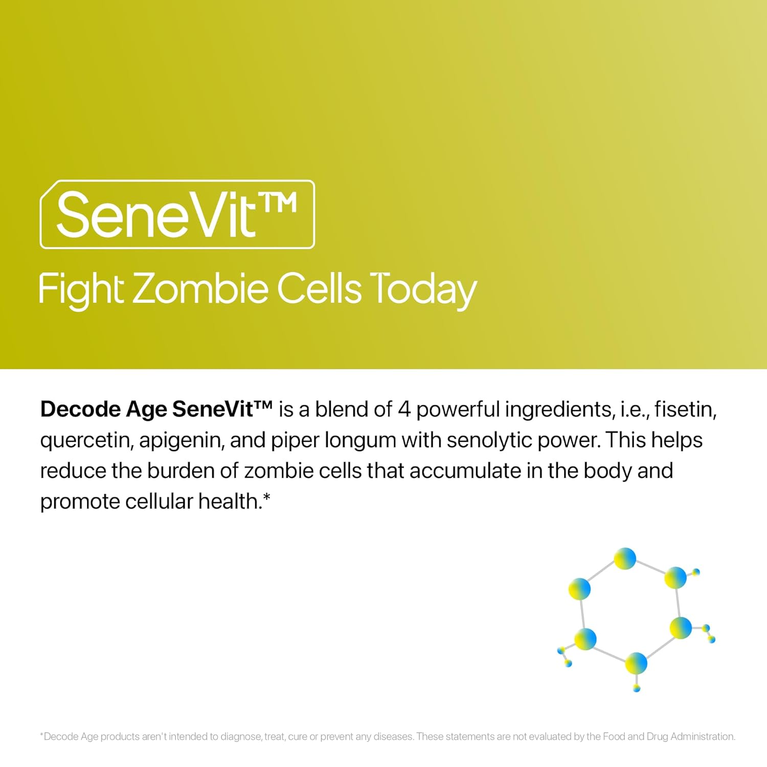 Advertisement for SeneVit with text about fighting zombie cells on a yellow and white background.