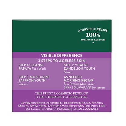Product packaging with Ayurvedic recipe details on a green and purple background