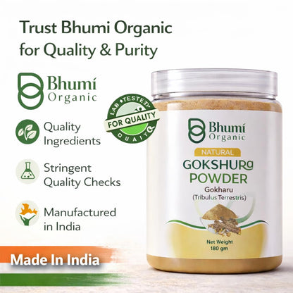 Bhumi Organic Gokshura Powder jar with branding and product details on a white background