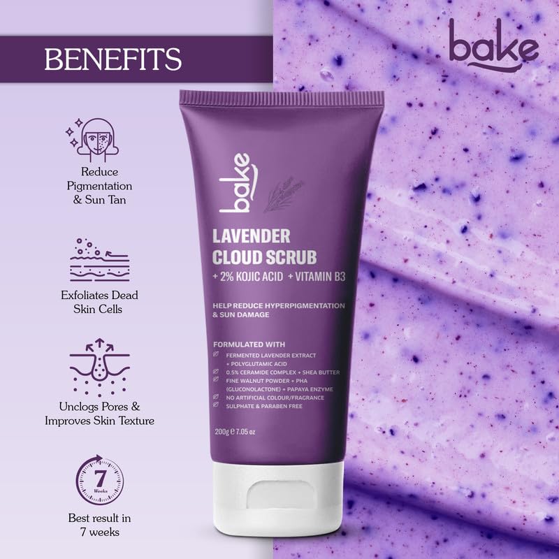 BAKE 2% Kojic Acid Lavender Body Scrub (200g) For Brightening, Tan Removal, Dark Spots & Pigmentation | Niacinamide & Ceramide Complex | Exfoliates & Brightens Underarms | Face Scrub with Walnut Granules | For Women & Men