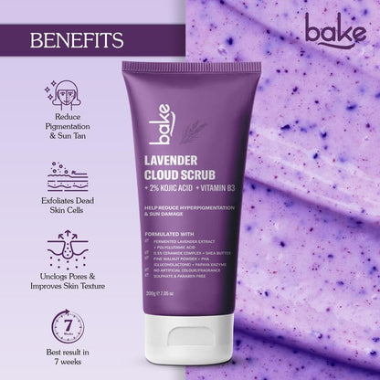 BAKE 2% Kojic Acid Lavender Body Scrub (200g) For Brightening, Tan Removal, Dark Spots & Pigmentation | Niacinamide & Ceramide Complex | Exfoliates & Brightens Underarms | Face Scrub with Walnut Granules | For Women & Men