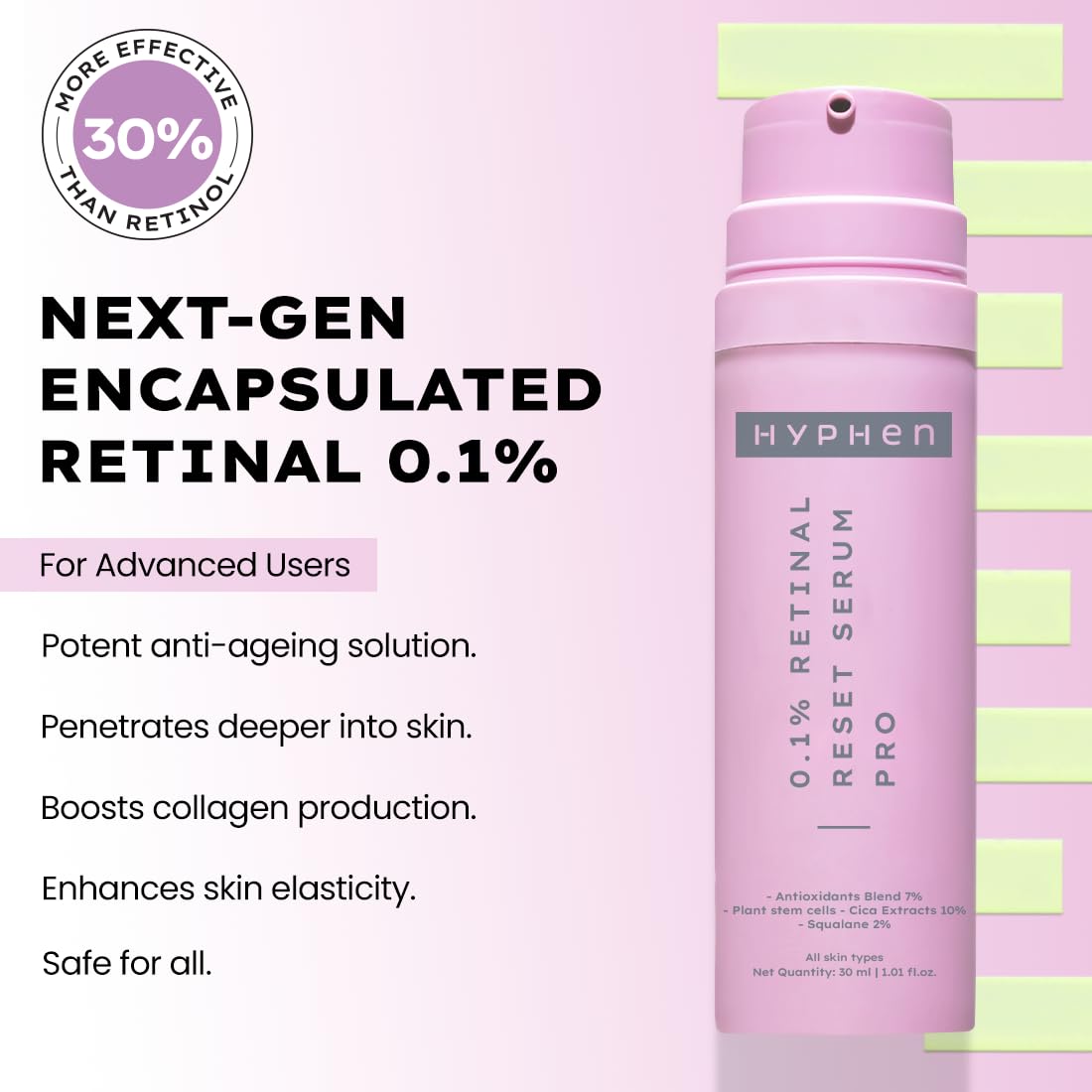 Pink skincare serum bottle with text on a light pink background