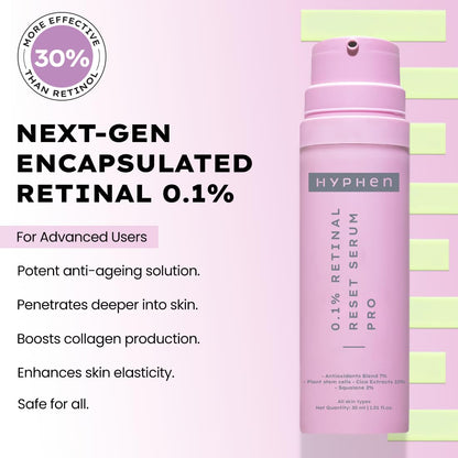 Pink skincare serum bottle with text on a light pink background