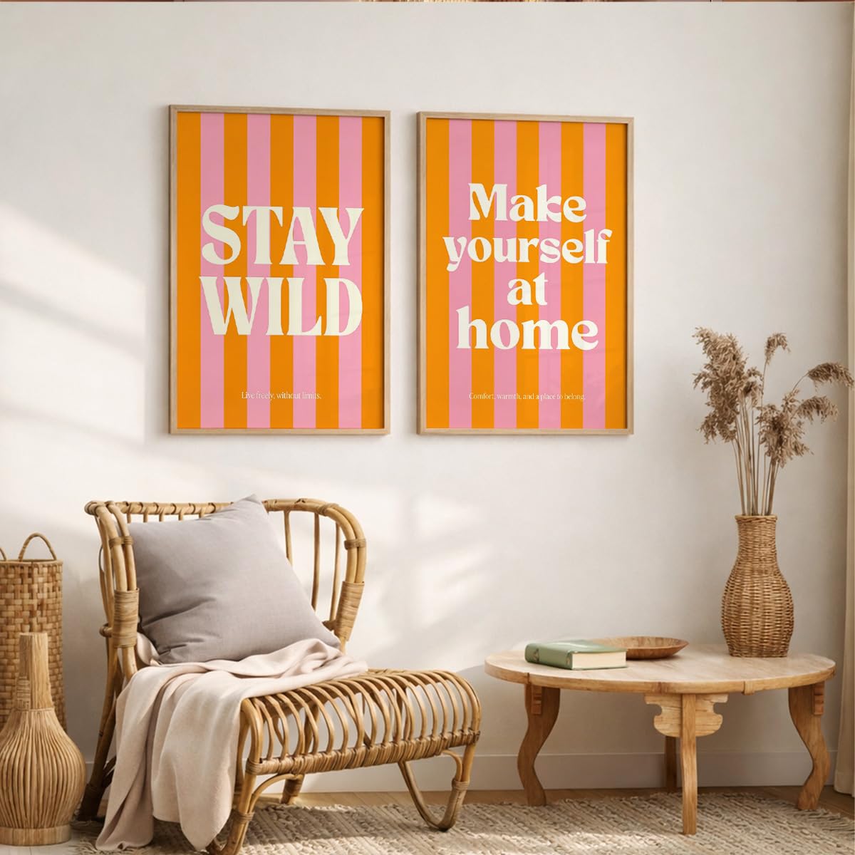 Stay Wild Make Yourself At Home Wall Art Set of 2 Framed Paintings | Orange Pink Retro Typography Poster | Bedroom Living Room Home Décor (Art 8, 10x13 Inches)