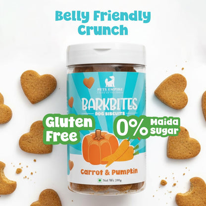 PETS EMPIRE BARKBITES Carrot & Pumpkin Biscuit Jar for Dogs 350g – Healthy Dog Treats with No Maida, No Sugar, No Salt – Nutritious & Crunchy Biscuits for Training and Rewards