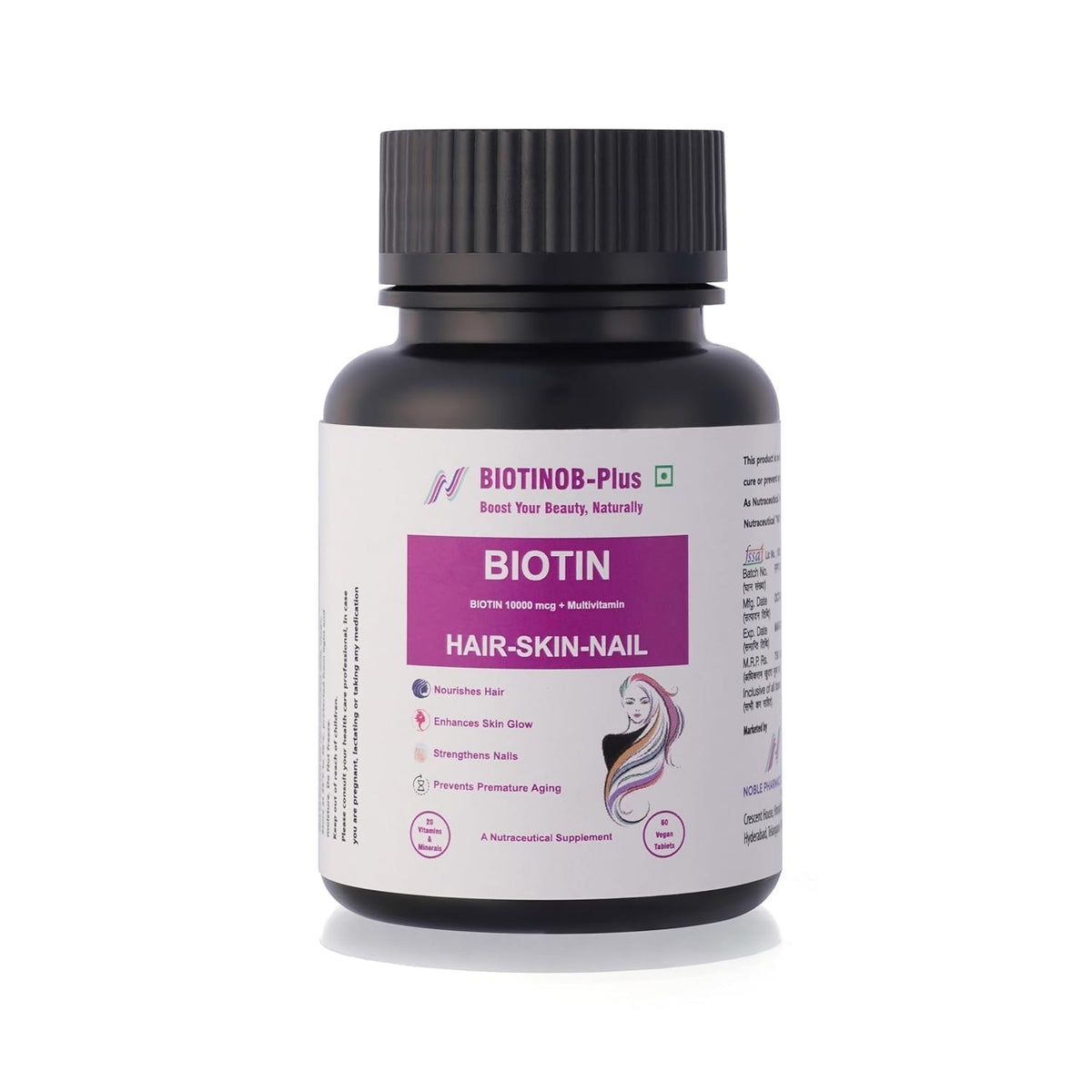 Biotinob-Plus Biotin 10000 mcg Tablets with Multivitamins for Hair, Skin & Nails – Supports Hair Growth, Strong Nails & Glowing Skin – Biotin Supplement for Men & Women – 60 Veg Tablets