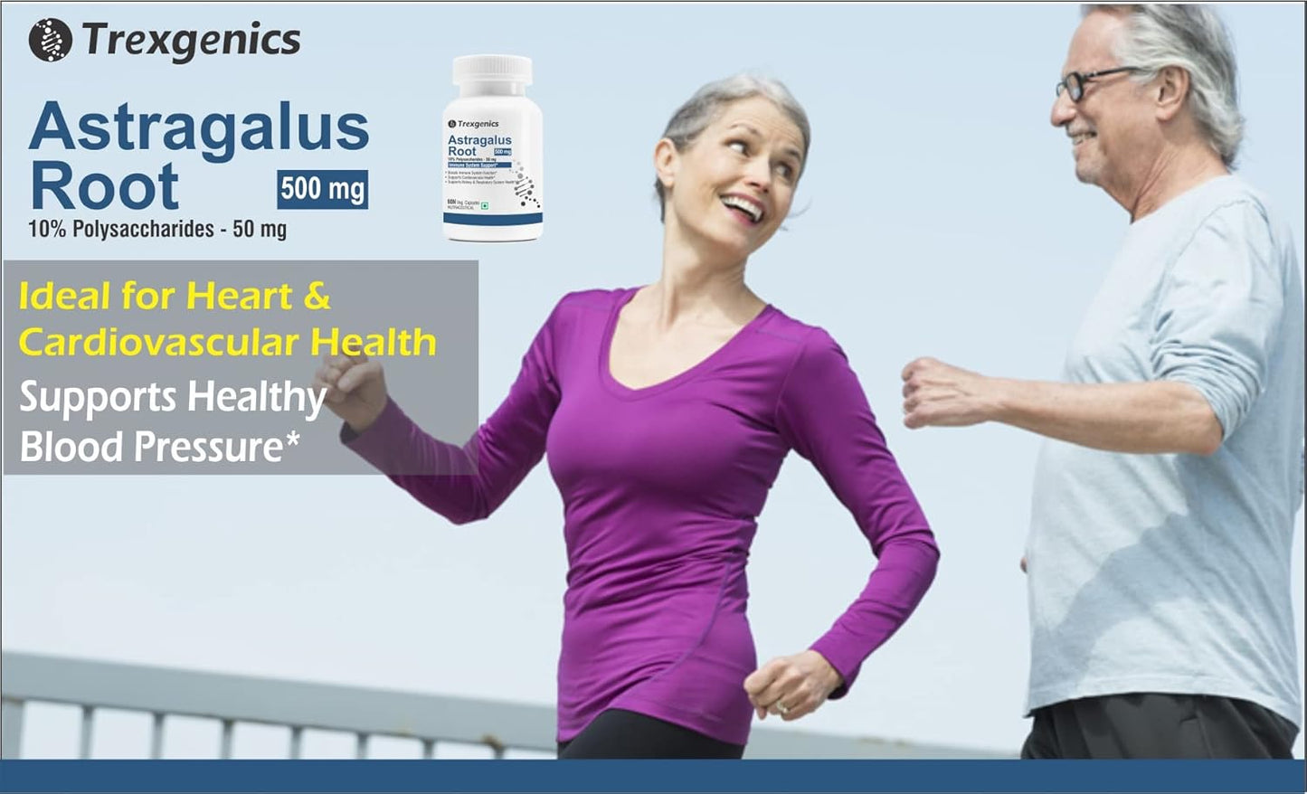 Advertisement for Trexegenics Astragalus Root supplement with a couple exercising outdoors.