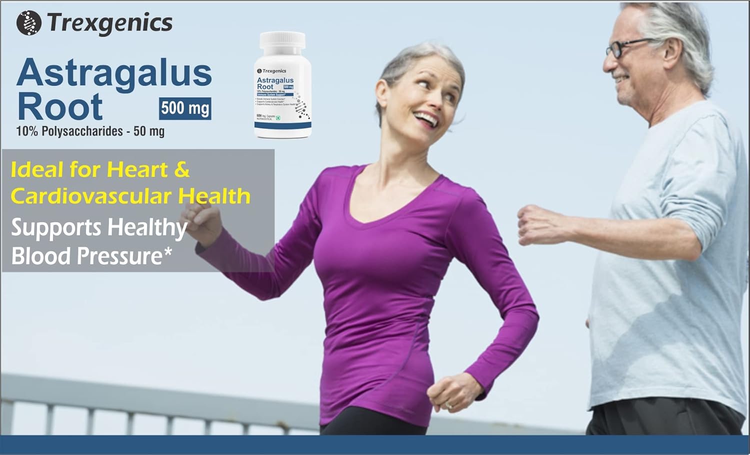Advertisement for Trexegenics Astragalus Root supplement with a couple exercising outdoors.