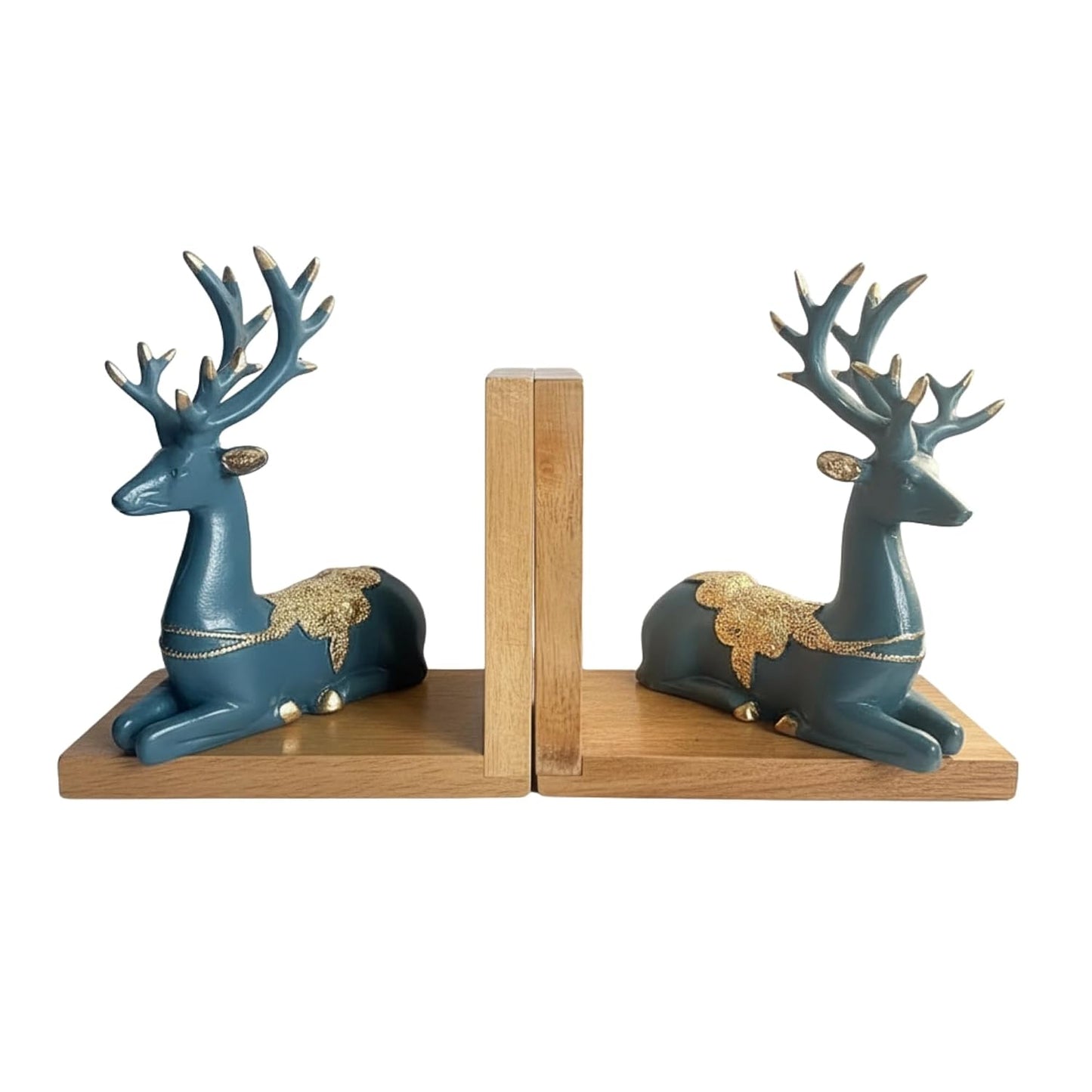 eCraftIndia Wooden Book End with Resin Reindeer Sculptures Showpiece for Home Decor Office Table | Gift for Housewarming Birthday