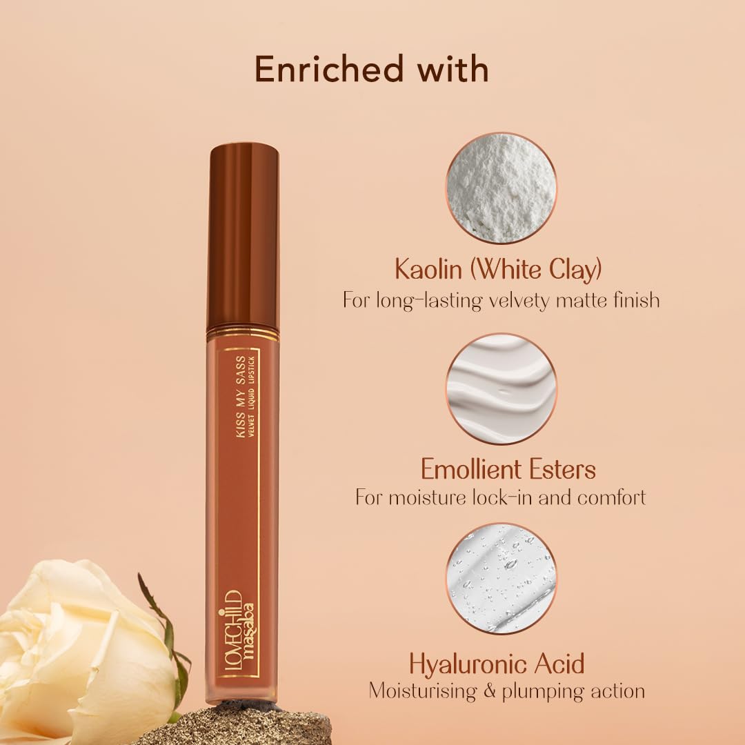 LoveChild Masaba Kiss My Sass Velvet Matte Lipstick (Mauve), Intense Color, Transfer-Proof, Hydrating with Hyaluronic Acid, Long-Lasting & Lightweight, Smooth Glide Formula, SIMP 2.5ml