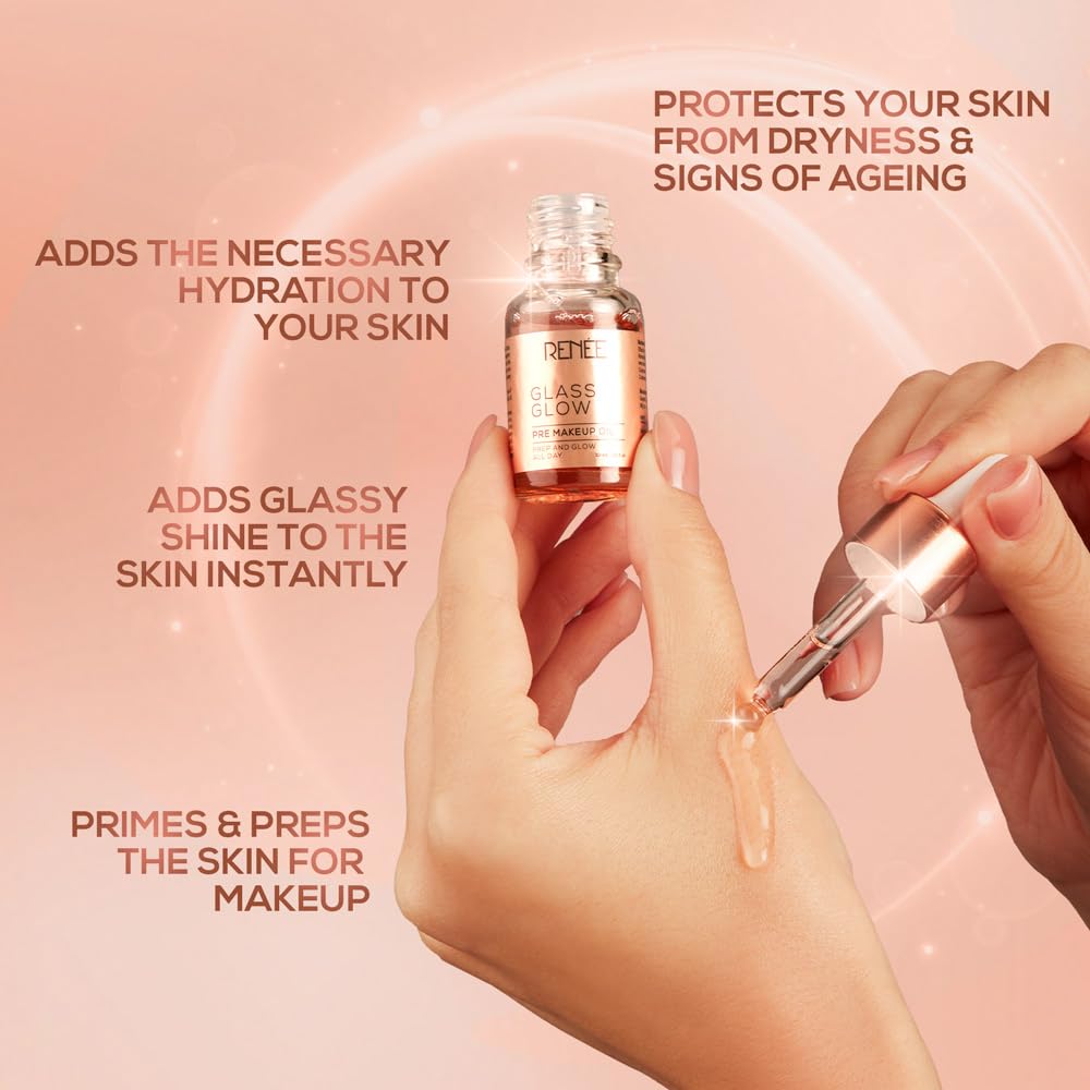 Hand holding a skincare dropper with text on a pink background
