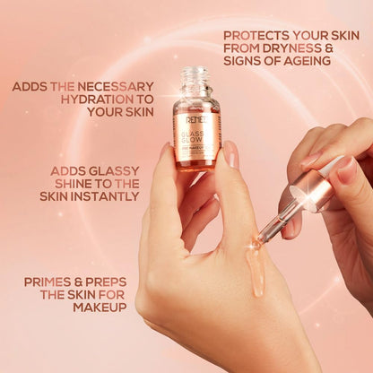 Hand holding a skincare dropper with text on a pink background