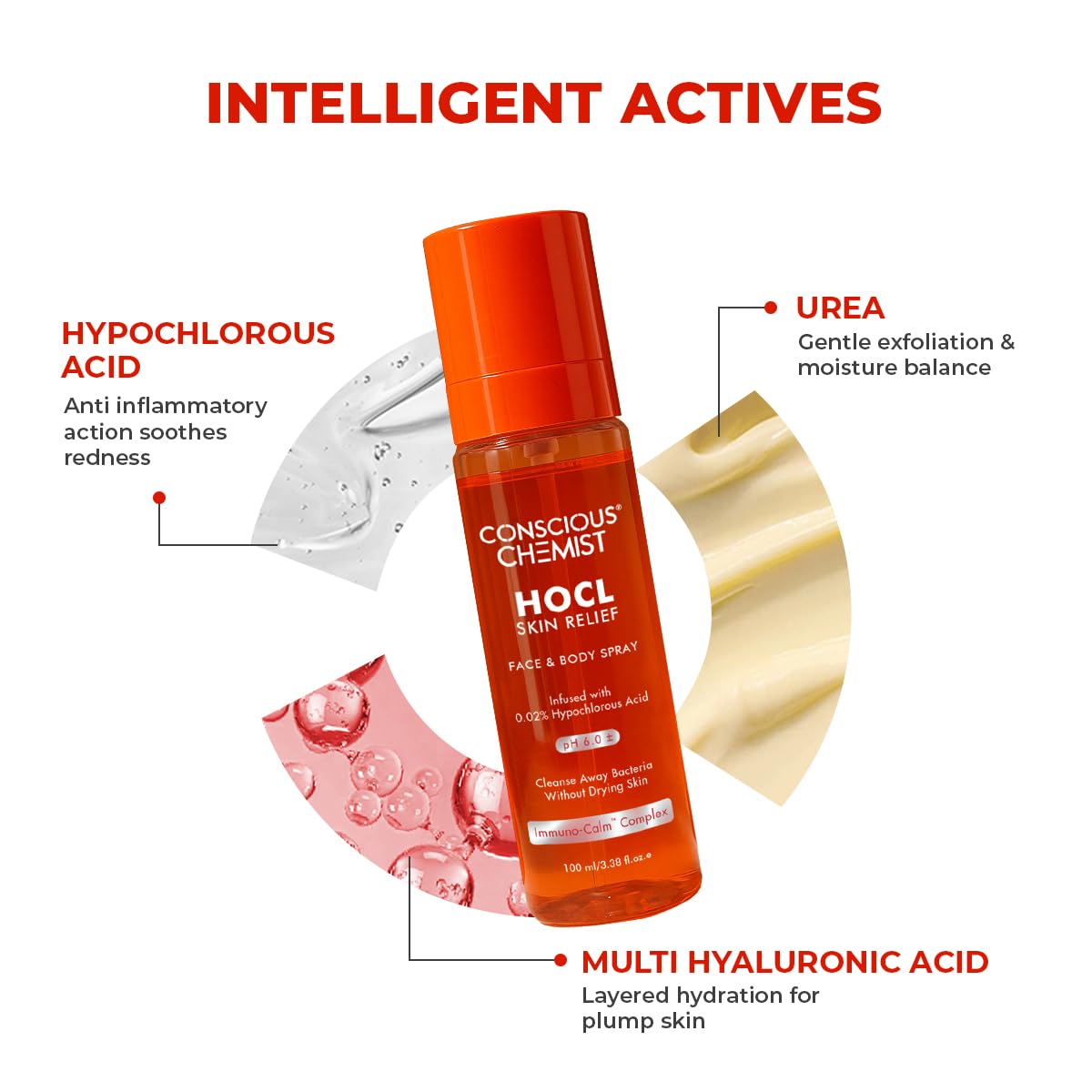Conscious Chemist HOCL Skin Relief product with features highlighted on a white background