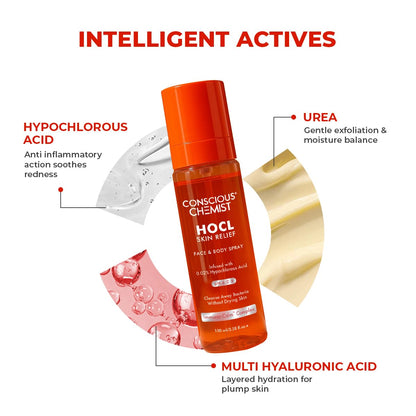 Conscious Chemist HOCL Skin Relief product with features highlighted on a white background