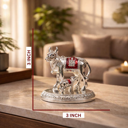 Gold Art India Kamdhenu Cow and Calf Idol with Red Accents | Shiny Silver Finish | 7.62 cm Decorative Gau MATA Murti for Home Temple, Gift & Office