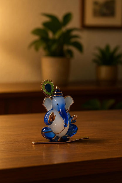 Decorative Ganesh Statue – Leaded Crystal, Sitting on Leaf, Multicolor, Pack of 1