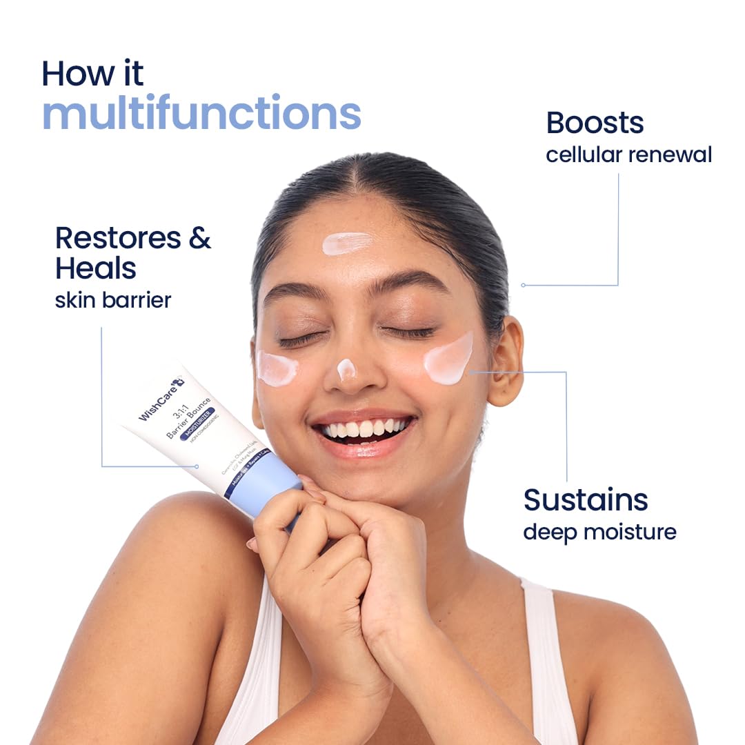 Woman applying skincare product with text on functionalities