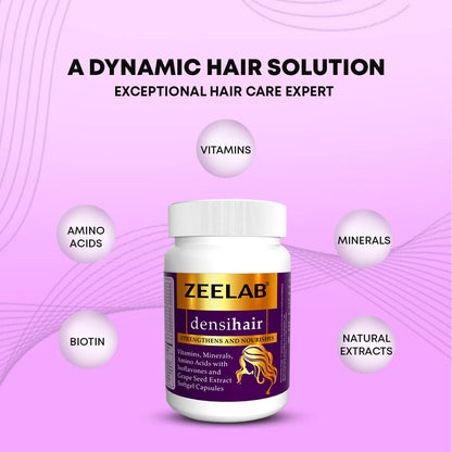 Zeelab densihair supplement bottle on a purple background with text about hair care.