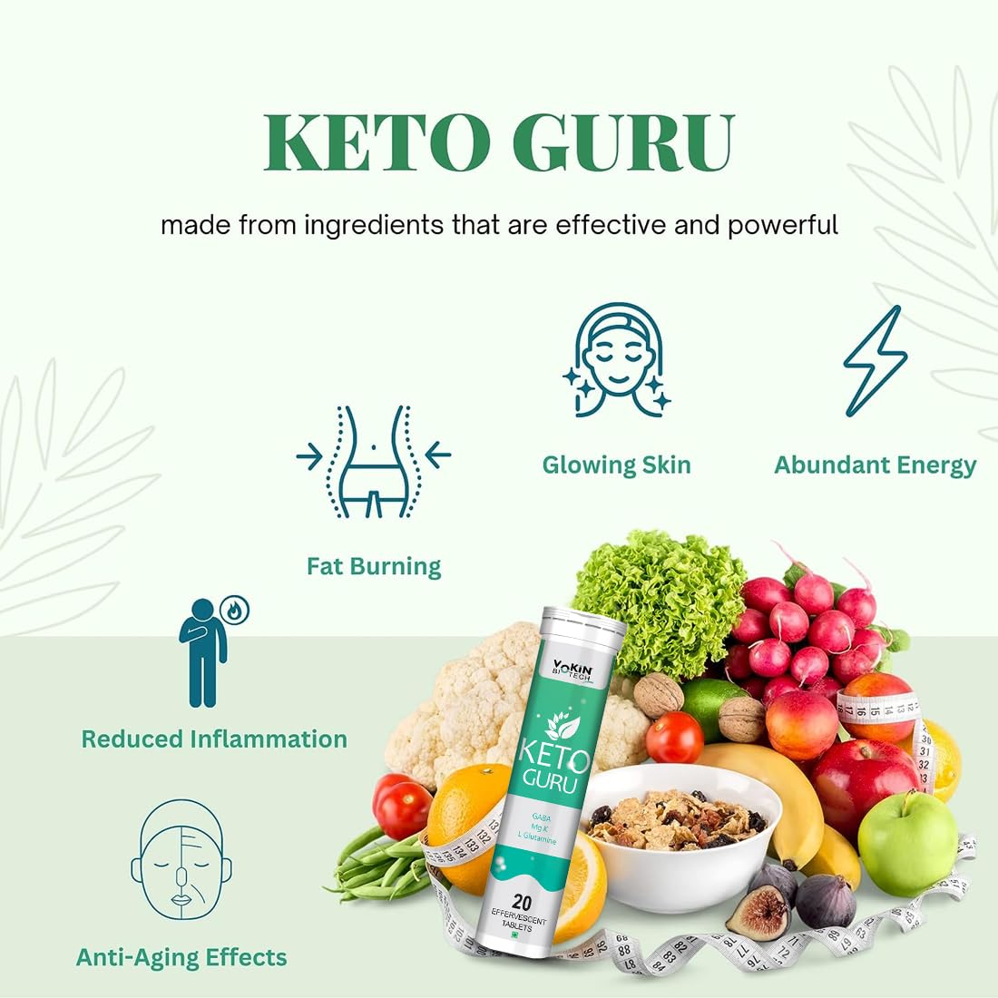 Keto Guru product with health benefits and ingredients on a white background