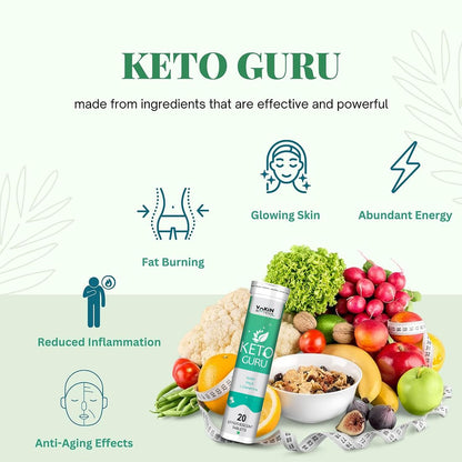 Keto Guru product with health benefits and ingredients on a white background