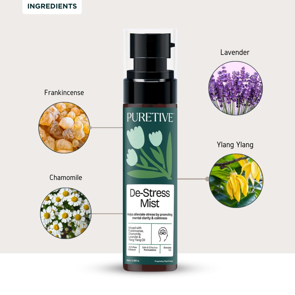 PURETIVE De-Stress Mist bottle with ingredient illustrations on a light background