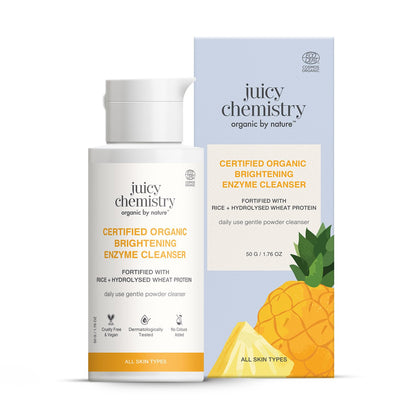 Juicy Chemistry Certified Organic Brightening Enzyme Cleanser, 50 g | Natural Fruit Enzyme Facial Cleanser | Gentle Daily Exfoliation Powder with Papaya, Pineapple, Pentavitin, Aloe | Vegan, Cruelty-Free