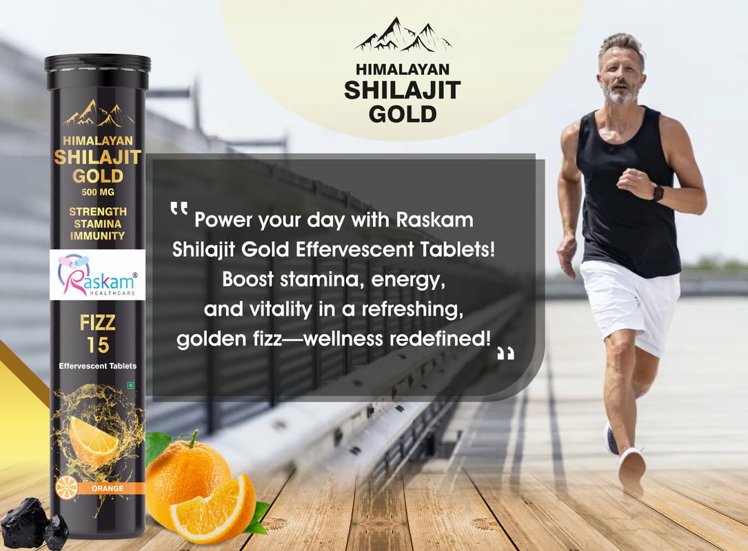 Himalayan Shilajit Gold supplement with a man running and promotional text on a wooden floor.
