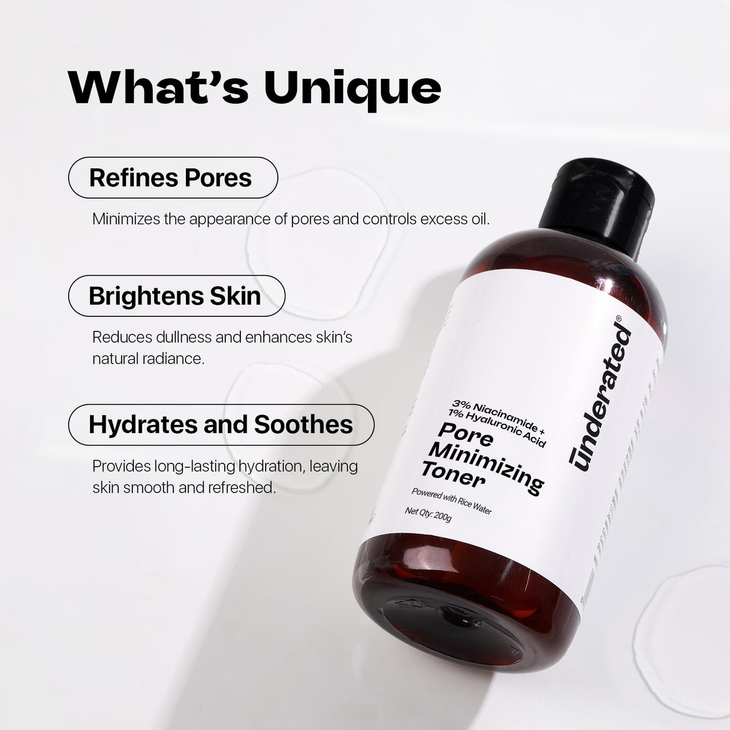 Underated 3% Niacinamide Face Toner with 1% Hyaluronic Acid & Rice Water | Toner for Oily & Acne Prone Skin | Glowing Skin & Hydration | For Women & Men | 200 g