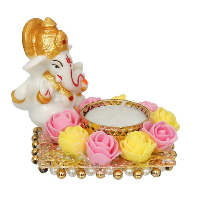 Resin Lord Ganesha Idol on Decorative Flower Plate Tea Light Candle Holder|Ganpati Murti Tea Light Holder Diwali Decoration Item for Home Decor Office|Gift for Diwali Housewarming Birthday