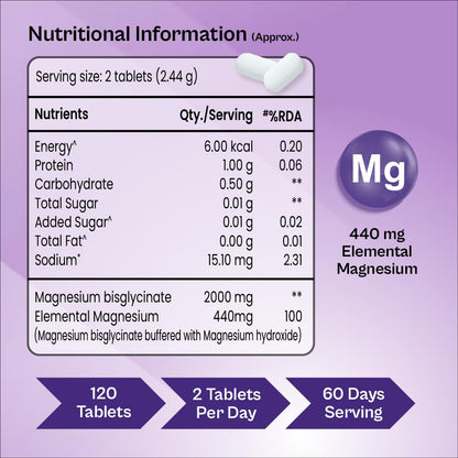 Tata 1mg Magnesium Glycinate Tablets |2000mg | High Absorption Chelated form for Muscle Recovery, Sleep & Nerve Health | 2000mg Per Serving – 120 Veg Tablets