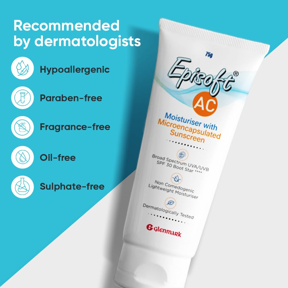 Episoft AC moisturizer tube with dermatologist recommendation on a blue and white background