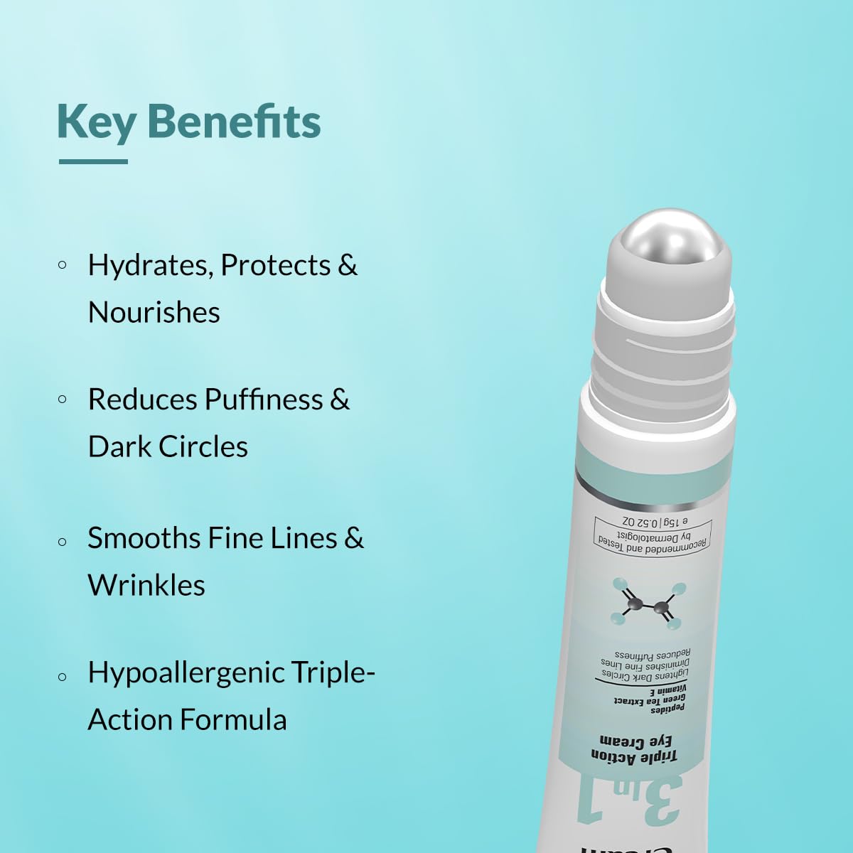 Fixderma Under Eye Cream Roll on with Peptides, Green Tea Extract & Vitamin E | Reduces Dark Circles, Puffiness, Wrinkles & Fine Lines | Triple Action | for Men & Women | 15g
