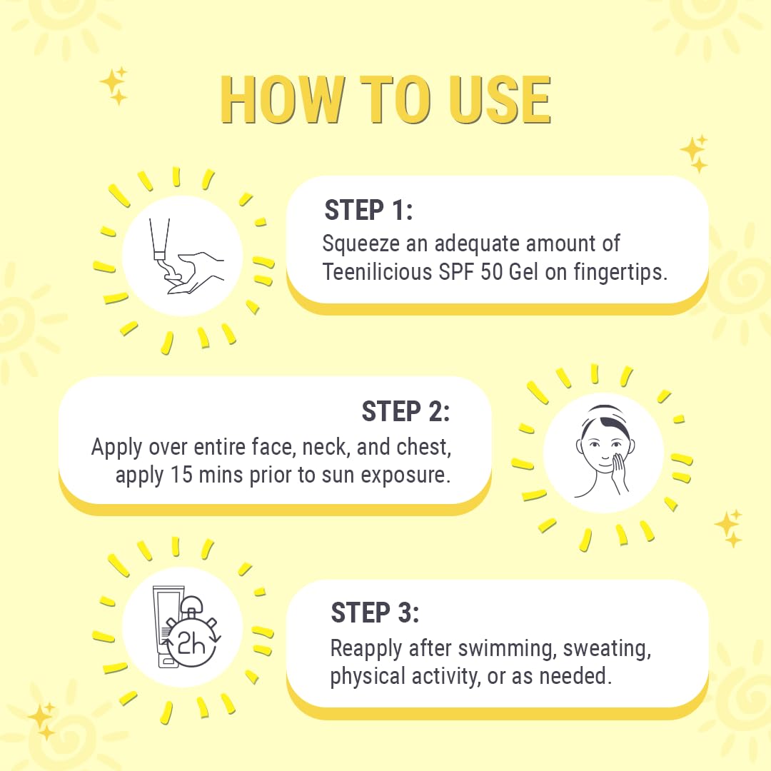 Teenilicious Sunscreen SPF 50 PA+++ Gel For Teenagers | For Acne Prone & Sensitive Skin | Broad Spectrum & UVA/UVB Protection | Light Weight | No White Cast | PABA, Alcohol, Silicone & Paraben Free -75g