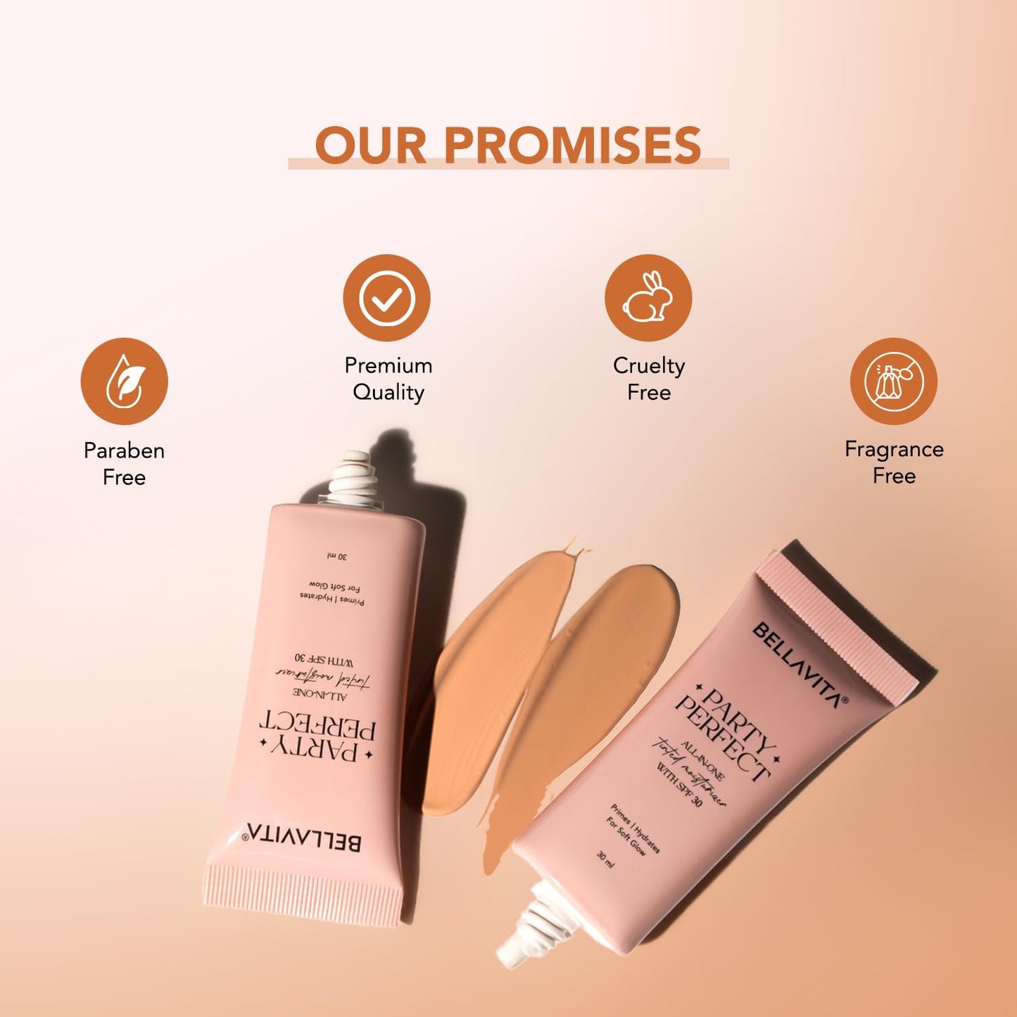Two Bella Vita foundation tubes with brand promises on a beige background