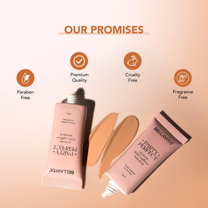 Two Bella Vita foundation tubes with brand promises on a beige background