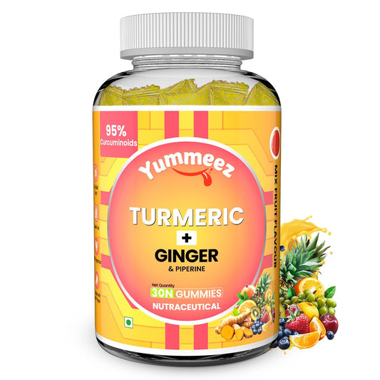 Yummeez Turmeric + Ginger & Piperine gummy supplement bottle on a white background