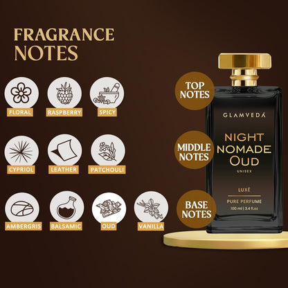 Glamveda Night Nomade Oud Unisex Pure Perfume 100ml | Luxury Long Lasting | Perfume for Man & Woman | with Raspberry, Spicy, Ambergris, Oud and Vanilla | Premium Fragrance