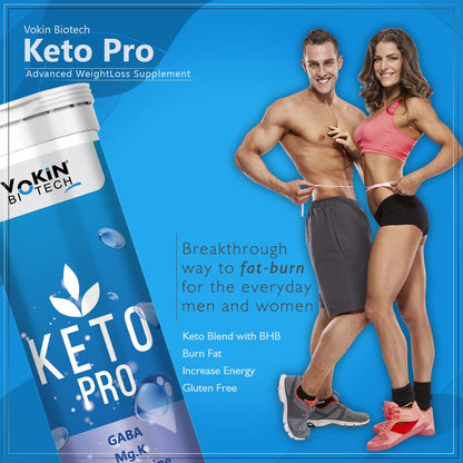 Advertisement for Vokin Biotech Keto Pro supplement with a man and woman posing on a blue background