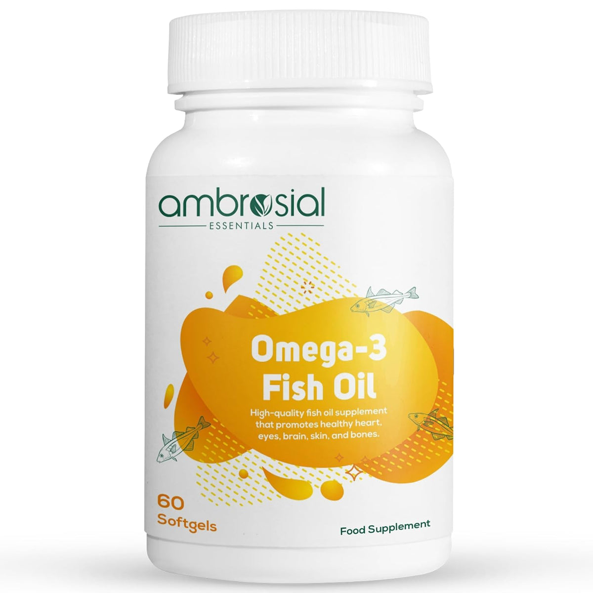 Omega-3 Fish Oil supplement bottle with 'ambrosial' branding on a white background