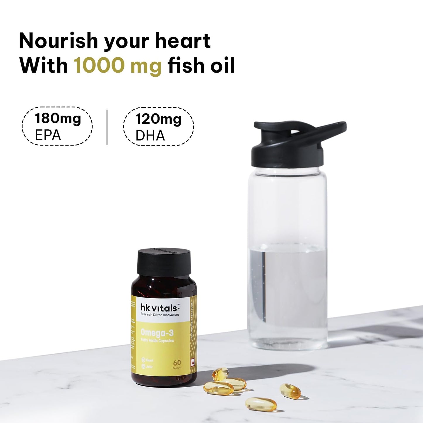 HealthKart hk vitals Omega 3 (60 Fish Oil Capsules) | 1000mg Omega 3 with 180mg EPA & 120mg DHA | For Brain, Heart, Eyes, and Joints Health