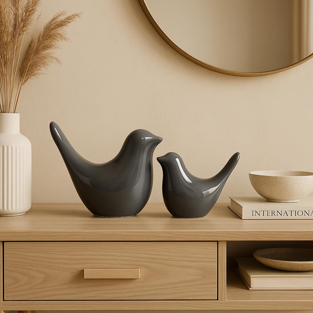 Creative Grey Glossy Ceramic Birds Figurines Home Decorations Accessories Party (Pack of 2, Grey)