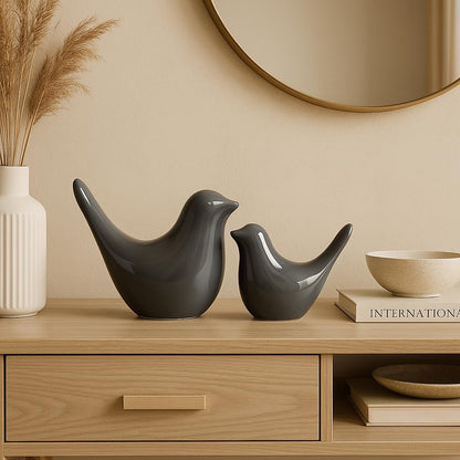 Creative Grey Glossy Ceramic Birds Figurines Home Decorations Accessories Party (Pack of 2, Grey)
